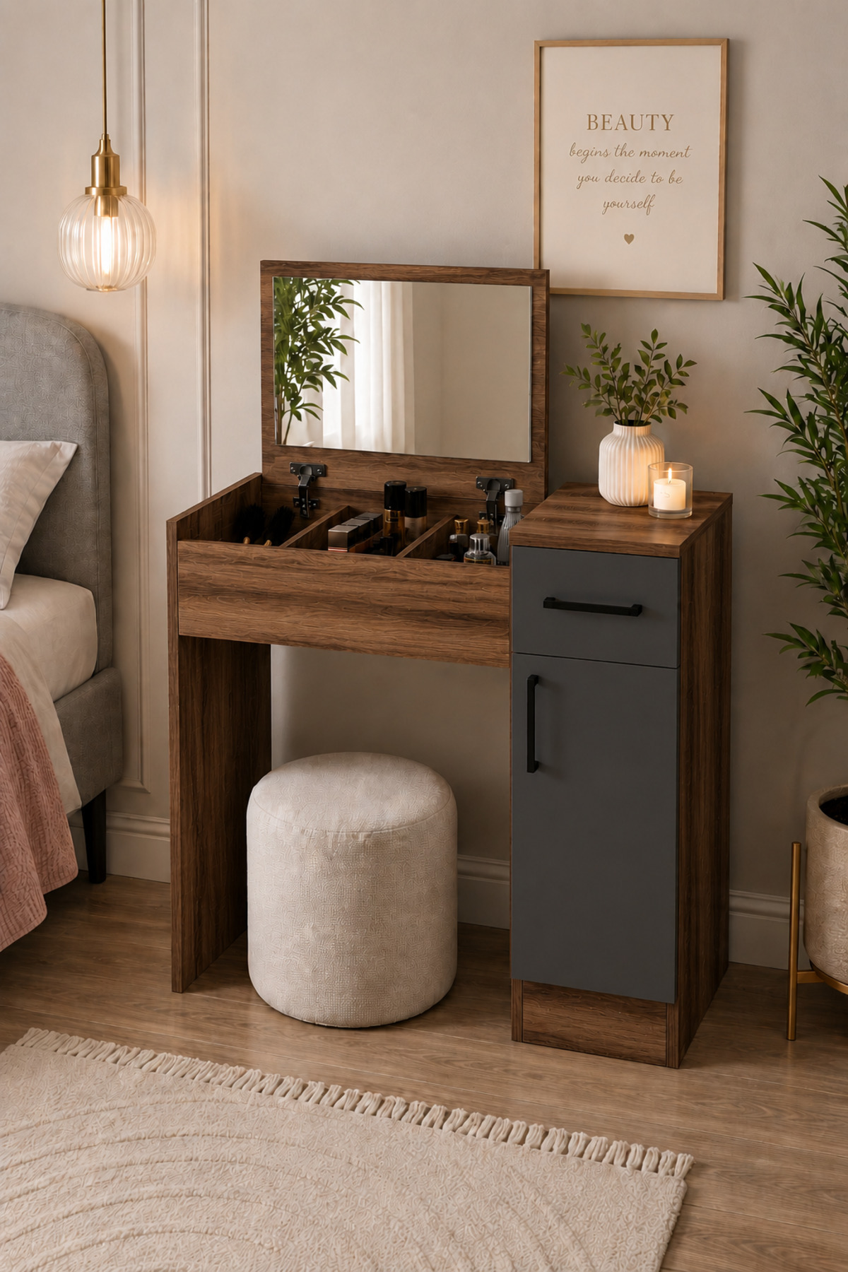 Pearl Mirrored Makeup Table Walnut Anthracite | Makeup Table with Closet and Cosmetic Organizer