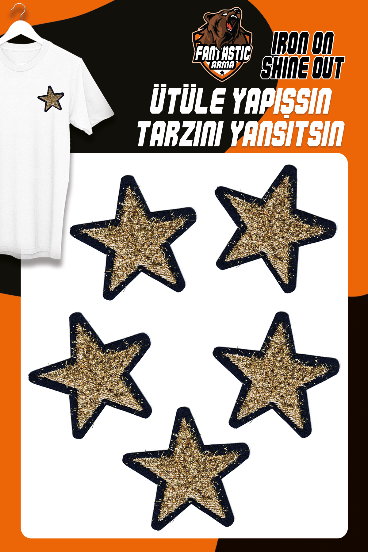 Iron-On Woven Badge Set Patch Gold Glitter Fringed Star Model (5PCS)