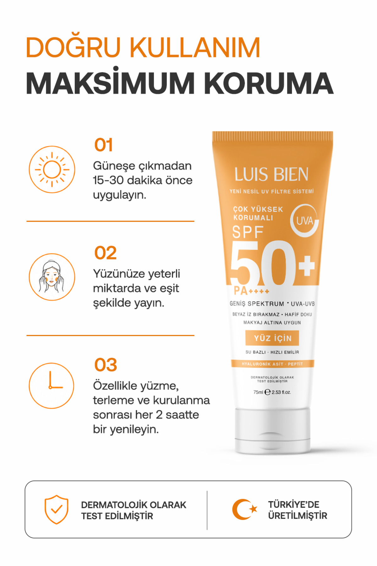 Anıl Güler Su Bazlı Yüz Güneş Kremi SPF 50+ PA++++ 75 ml - Non Komedojenik Leke Karşıtı Yüksek Koruyucu, Yağsız | Makyaj Altı Güneş Kremi | Yapmayan Güneş Kremi | Hassas Cilt — LUU191 — تصویر 3 از 8