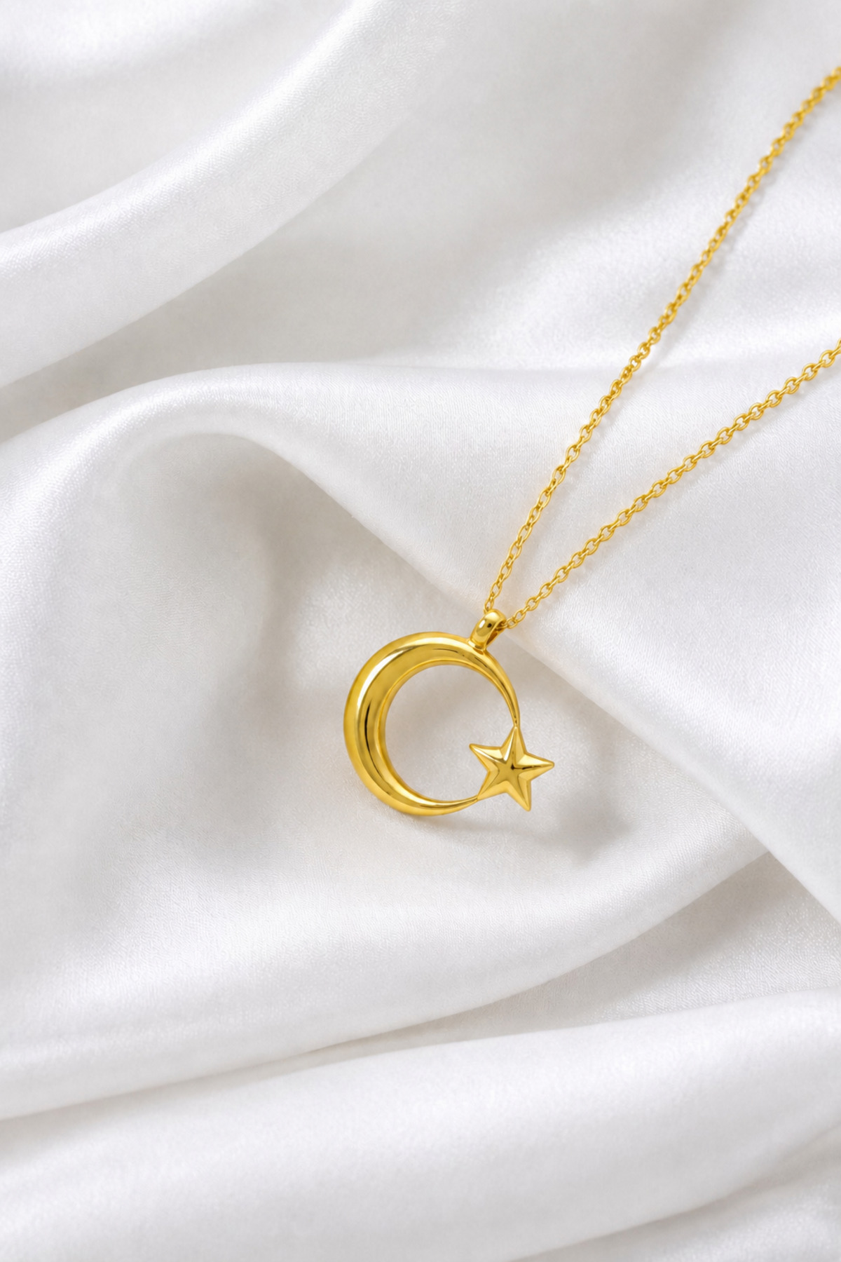 ÇEKİRDEK JEWELRY Işıklı Hediye Kutulu 925 Ayar Gümüş Ay Yıldız Kolye, Gold Kaplama Parlak Şık Tasarım görsel 3