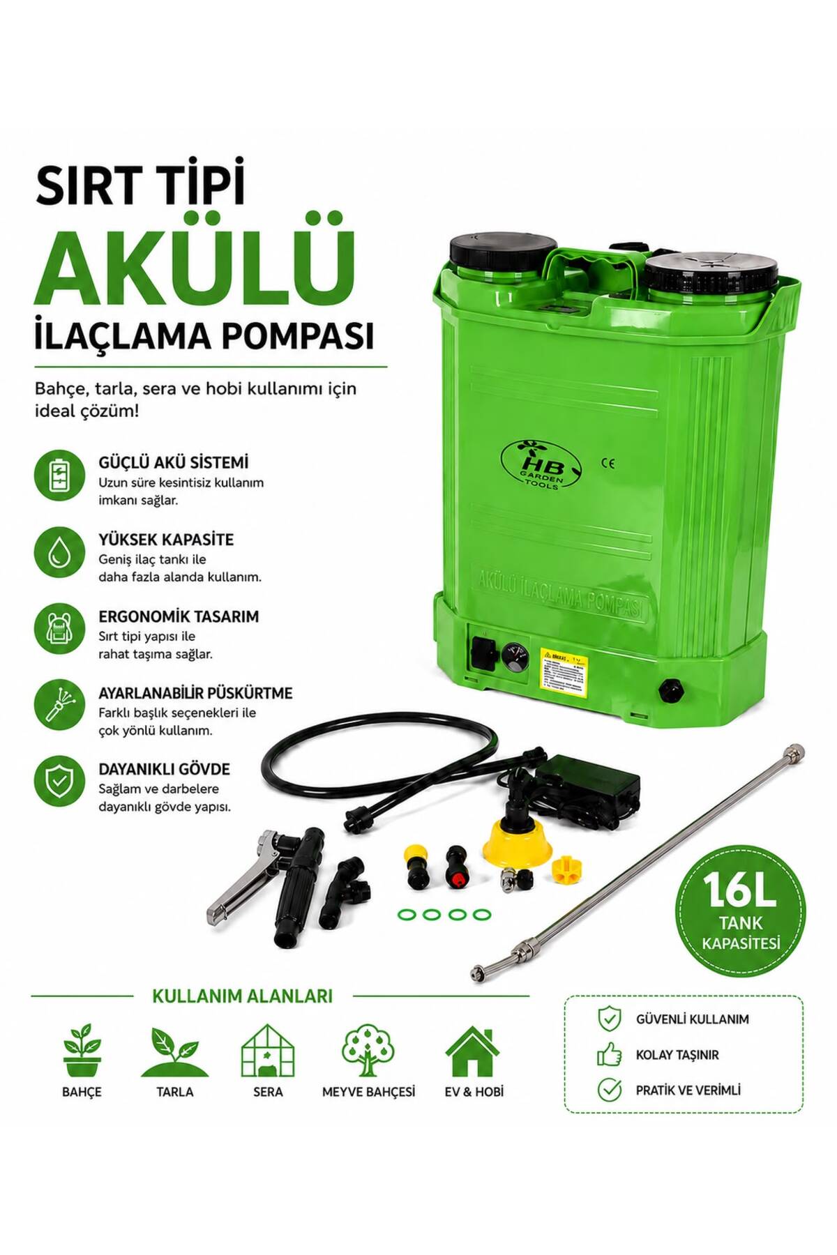 HB Garden Tools 16 Lt Akülü Sırt Tipi İlaçlama Pompası Özel