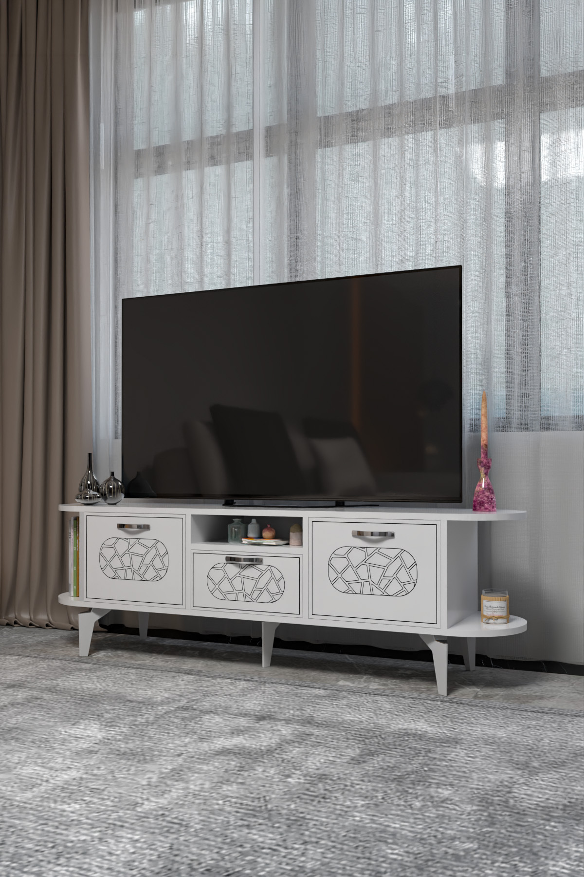 Goldfalez Mira Gümüş TV Ünitesi Beyaz 160 görsel 2