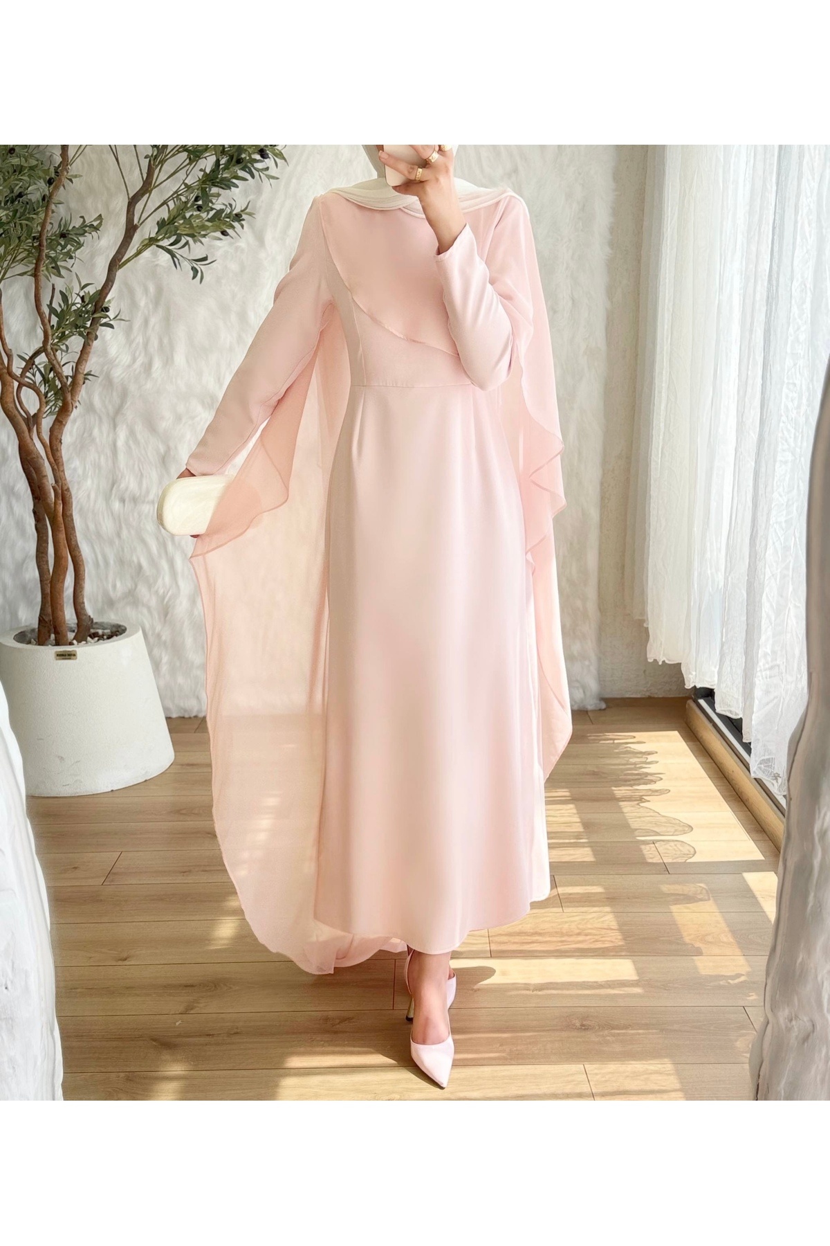 BELLASTORE Women's Powder Chiffon Cape Detailed Hijab Evening Dress