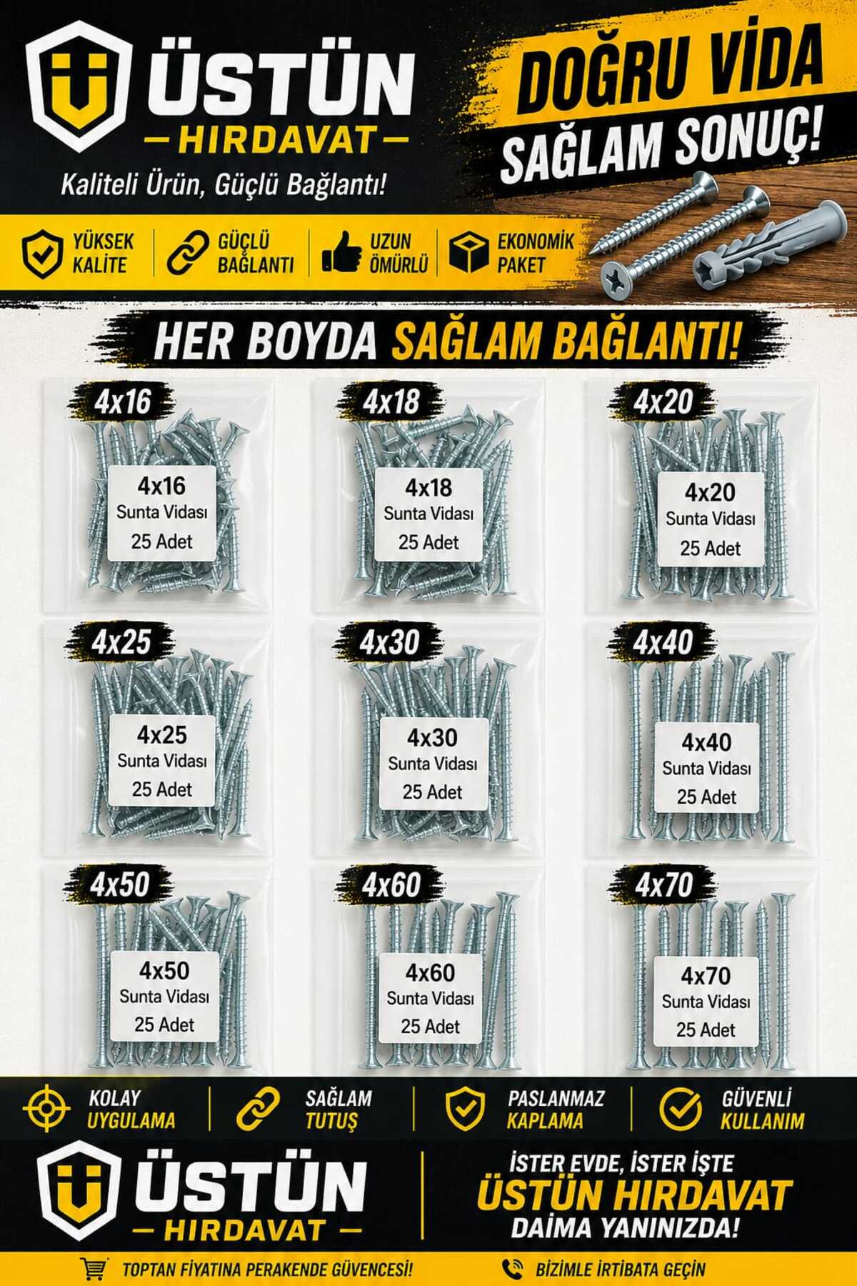 GenelTedarik SUNTA VİDA PAKETİ (4X16 4X18 4X20 4X25 4X30 4X40 4X50 4X60 4X70