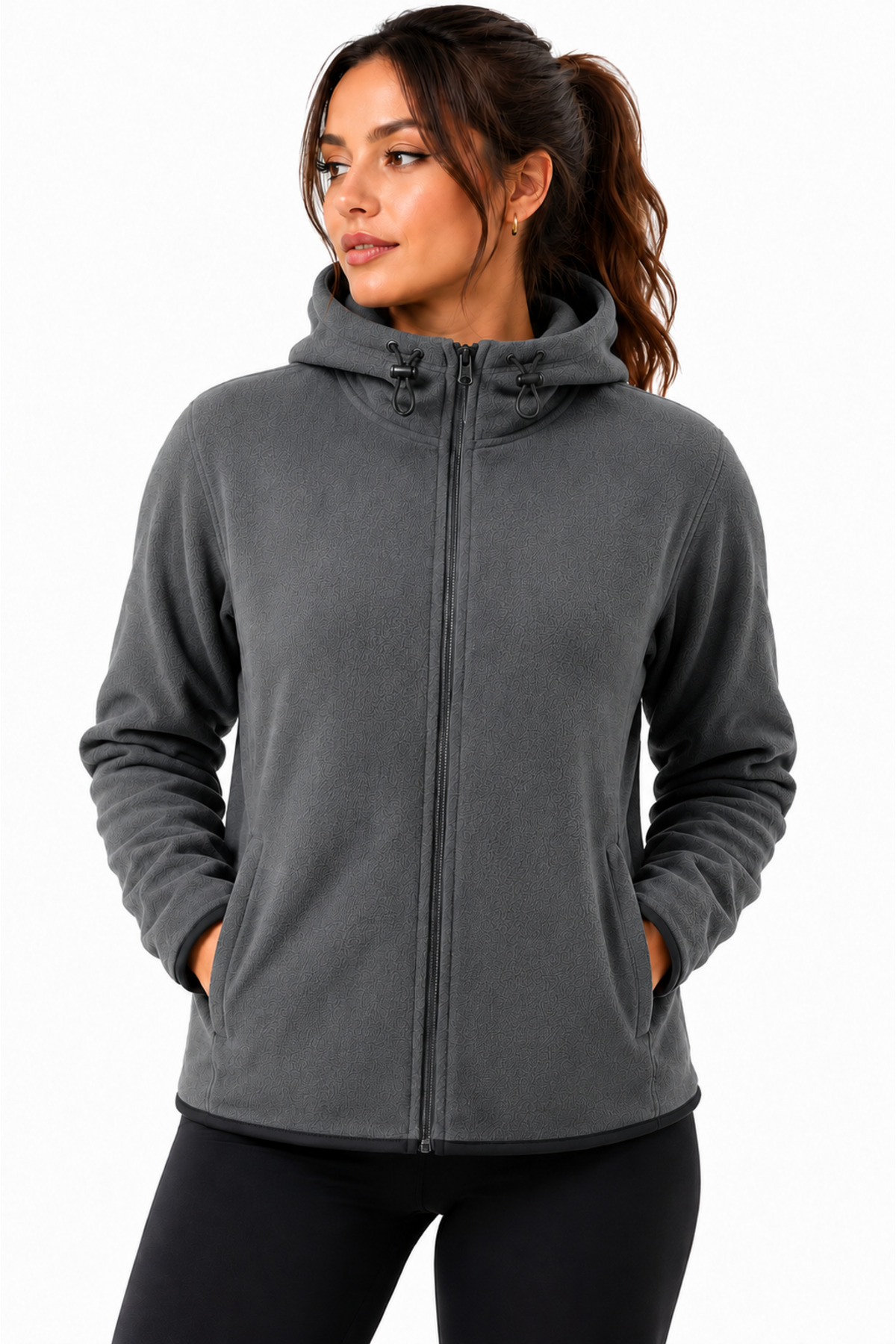 GHASSY CO Kadın Füme Kapüşonlu Fermuarlı Polar Sweatshirt