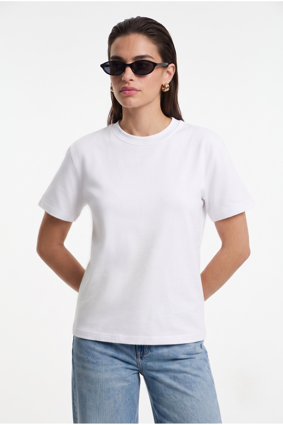 Ritnice Kadın Rise Dekoratif Yaka Tok Doku %100 Pamuk Beyaz T-Shirt görsel 6