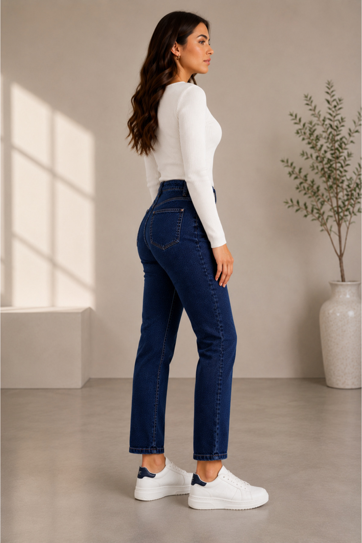 DELDNM Zera Kadın Premium Koyu Mavi Yüksek Bel Likralı Trend Mom Jean görsel 2