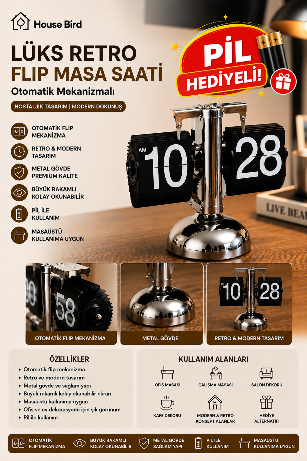 Lüks Retro Flip Masa Saati Pil Hediyeli Otomatik Mekanizmalı Metal Masaüstü Saat