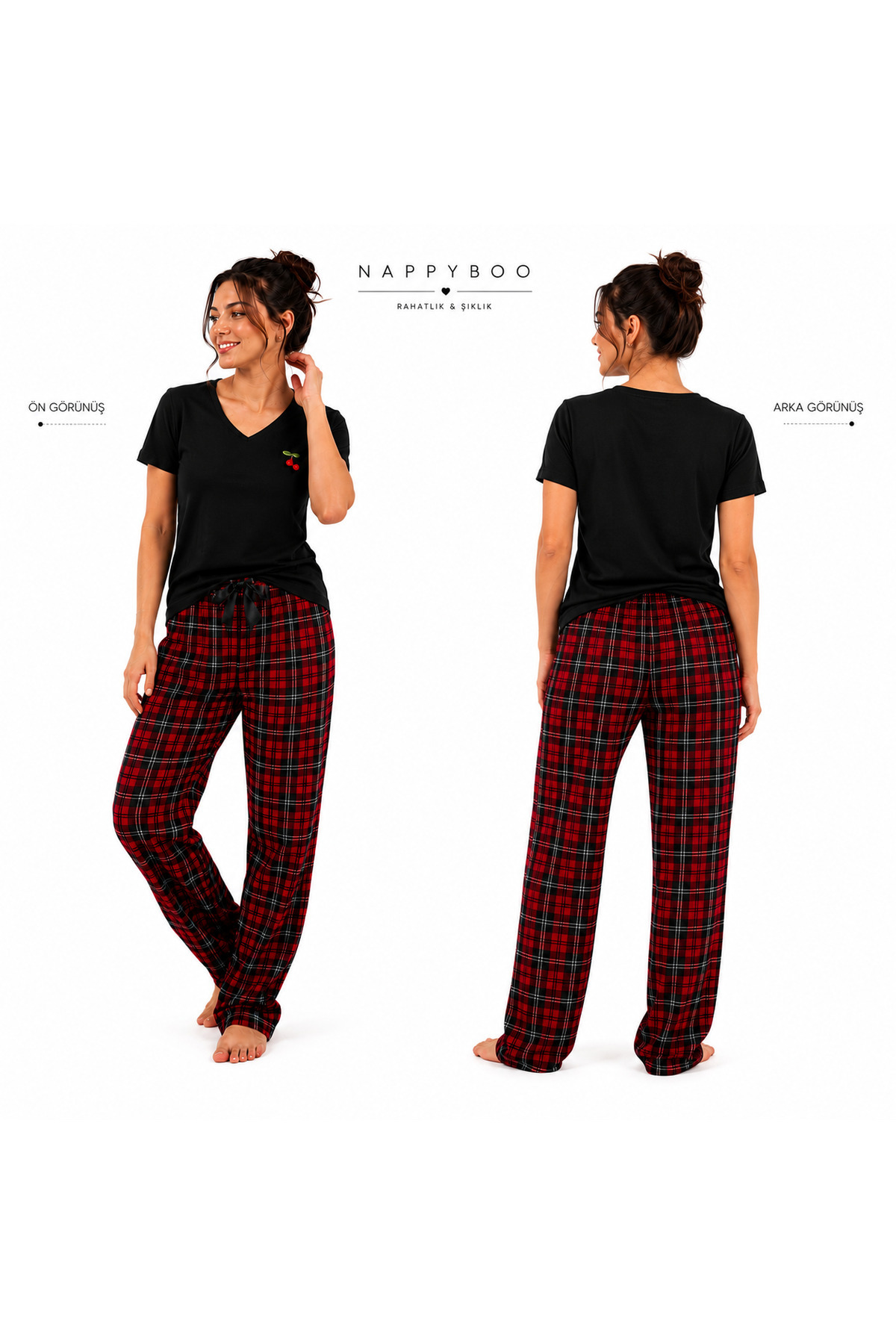 Kadın Pijama Takımı Pamuklu Kırmızı Ekoseli Kiraz Detaylı 4