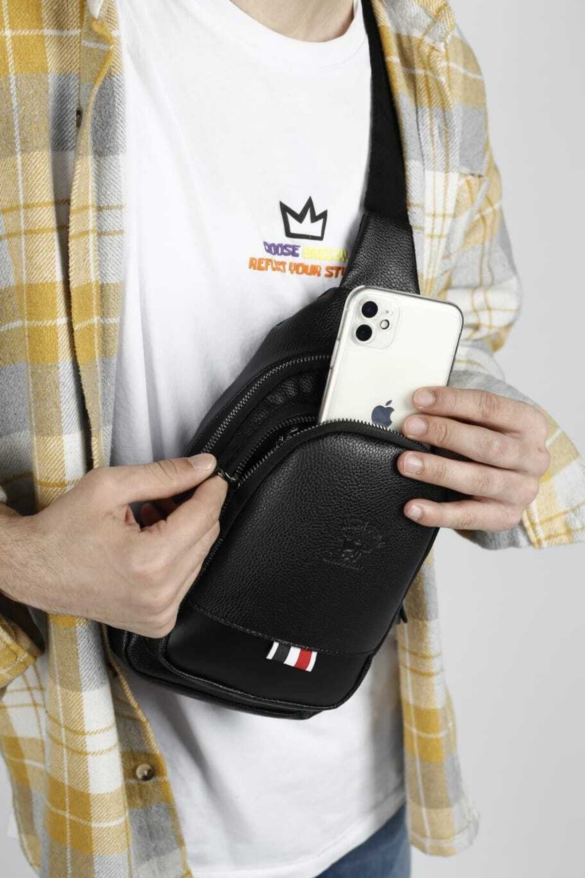 NEWISH POLO ACCESSORIES Vegan Deri Siyah Su Geçirmez Kulaklık Usb Çıkışlı Bel Ve Çapraz Omuz Çanta Göğüs Seyahat görsel 2
