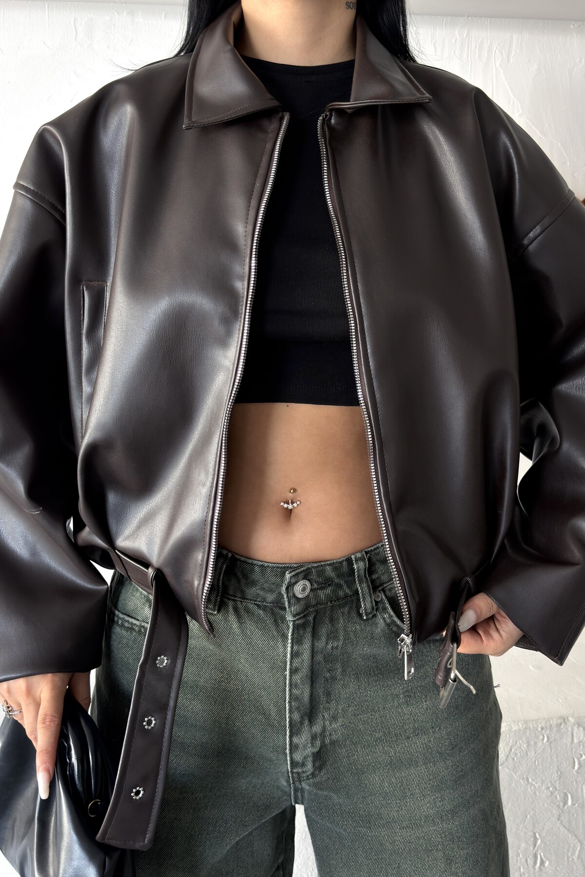moda armanc Kadın Oversize Bomber Suni Deri Ceket | Yeni Sezon Kemerli Biker Ceket görsel 7