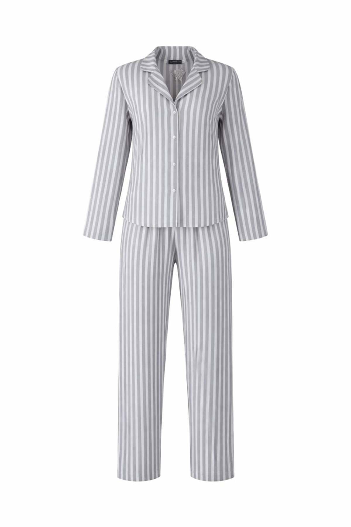HAKKE Kadın Uzun Kollu Çizgili Pijama TAKIM görsel 3