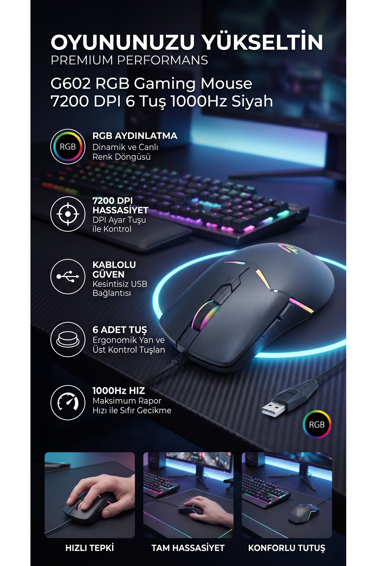 RGB 7200 DPI Kablolu Gaming Oyuncu Mouse - Ergonomik Işıklı ve Hassas Sensörlü Tasarım