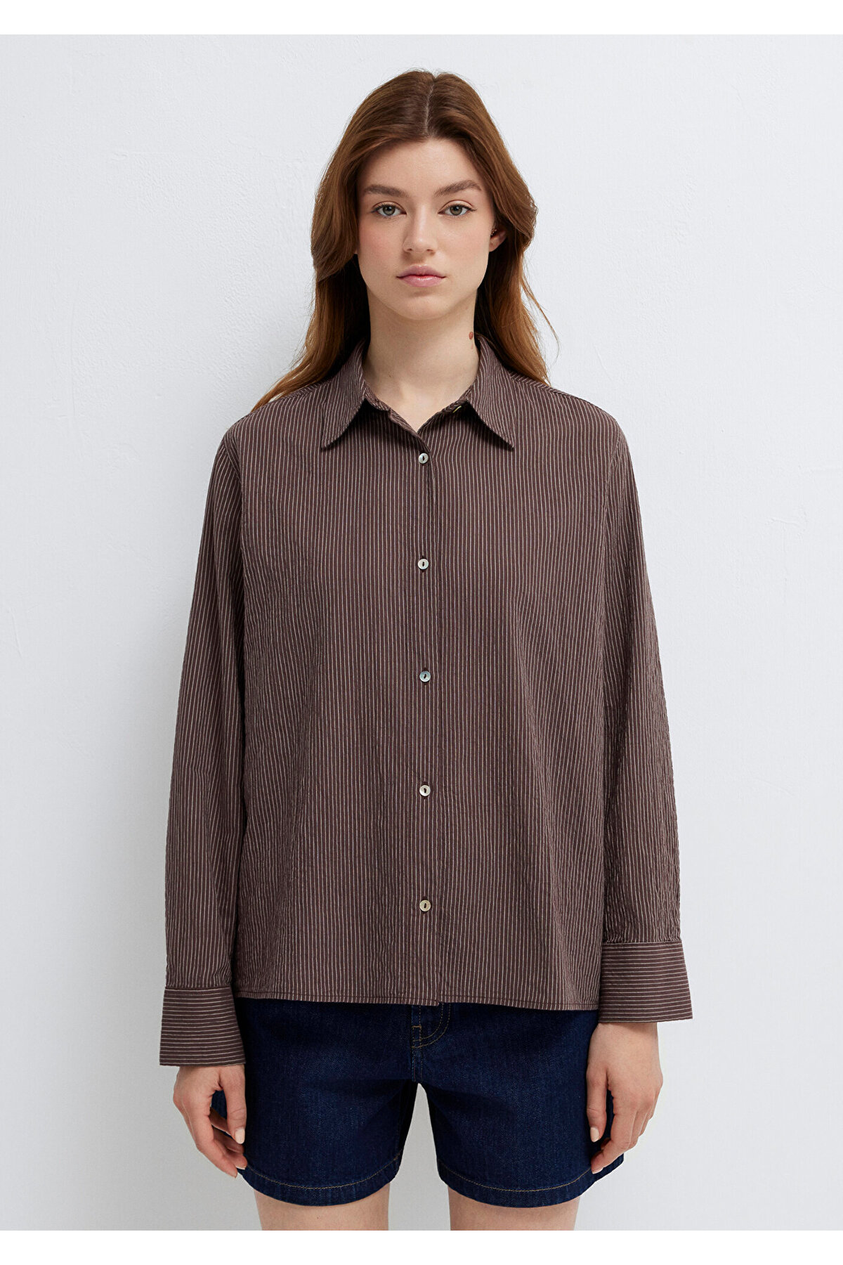 Çizgili Kahverengi Gömlek Loose Fit / Bol Rahat Kesim 1211598-91456 — قهوه‌ای — تصویر 3 از 8