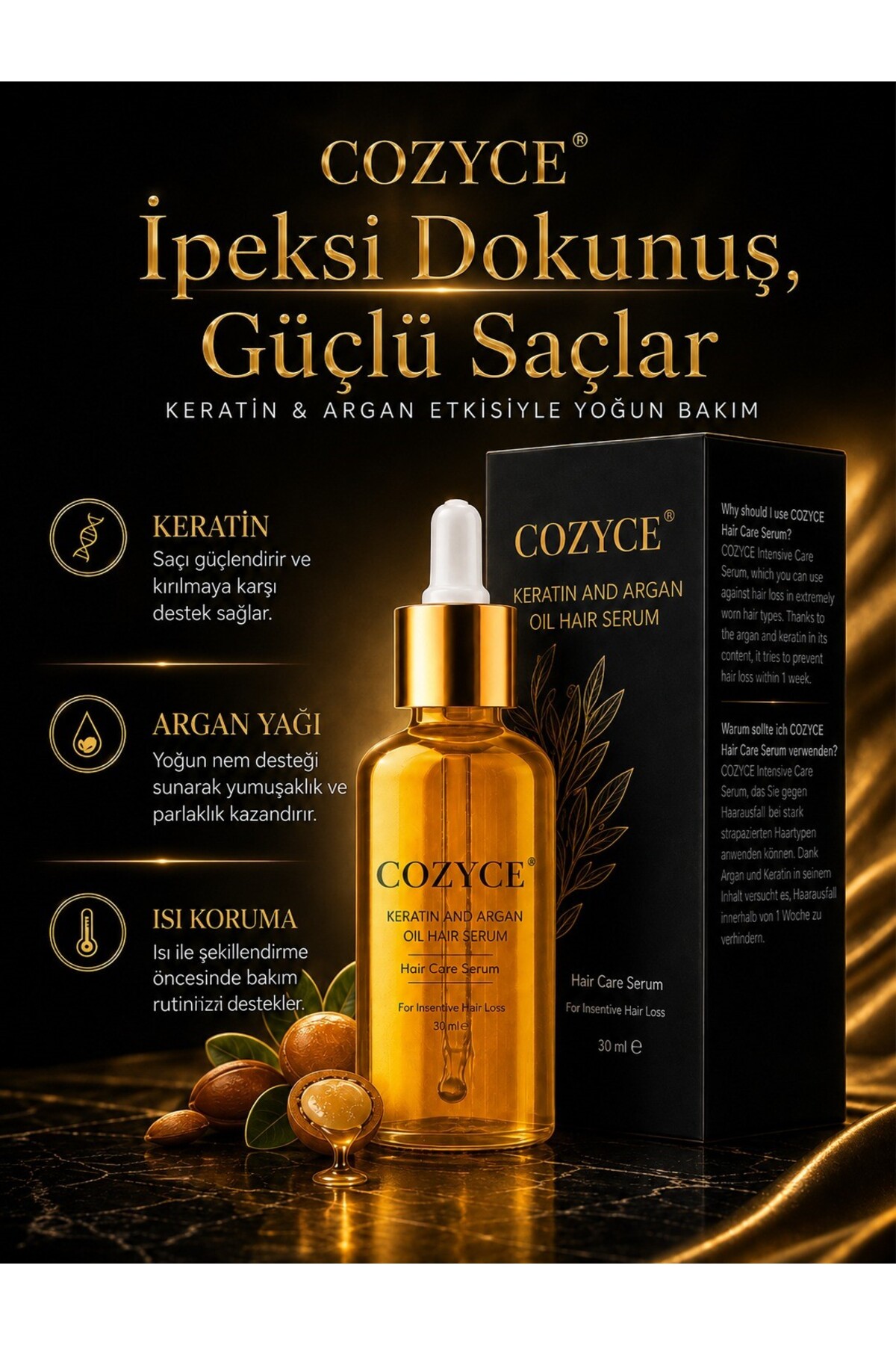 روغن سرم مو برای موهای به شدت آسیب دیده و سوخته - روغن درمانی کراتین و آرگان با رشد سریع 30 میلی لیتر — COZYCE3178 — تصویر 3 از 6