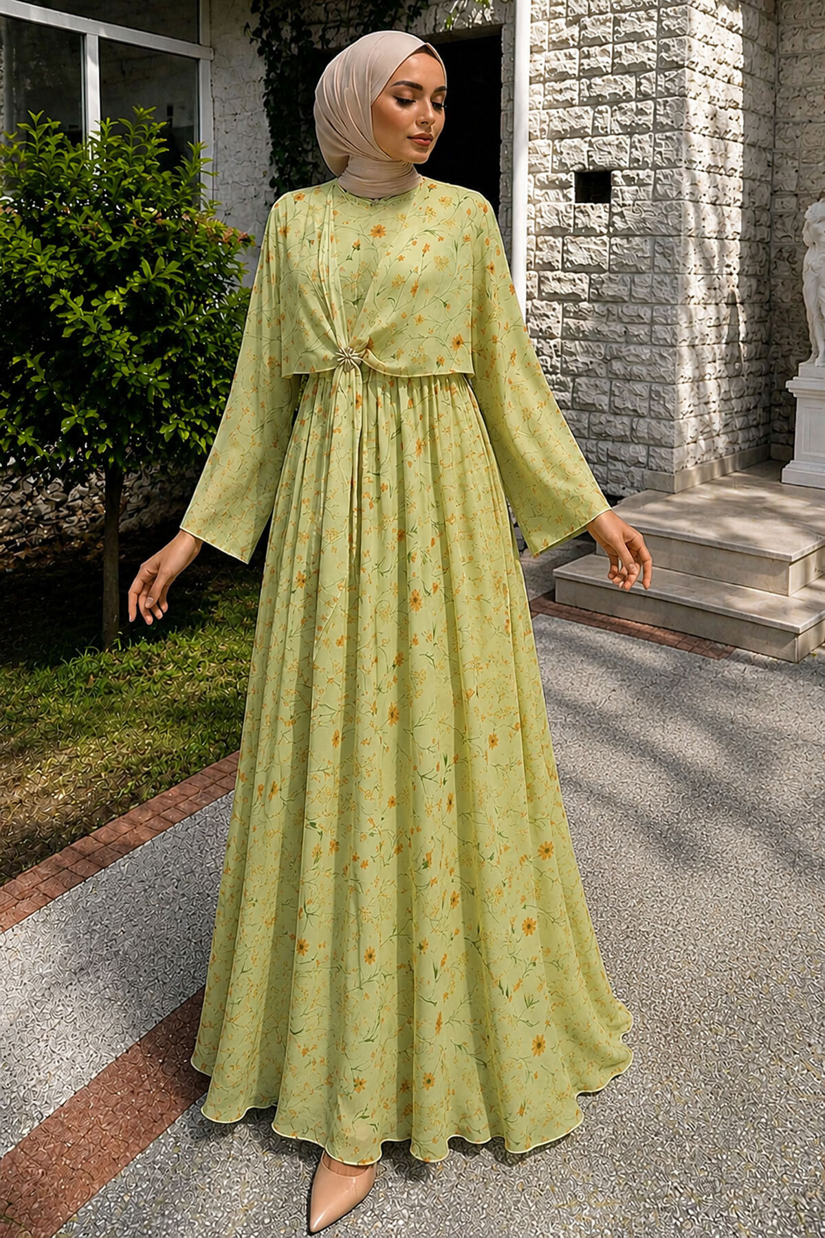 Tesettür Dünyası Floral Patterned Buckled Chiffon Dress Tsd260256 Green