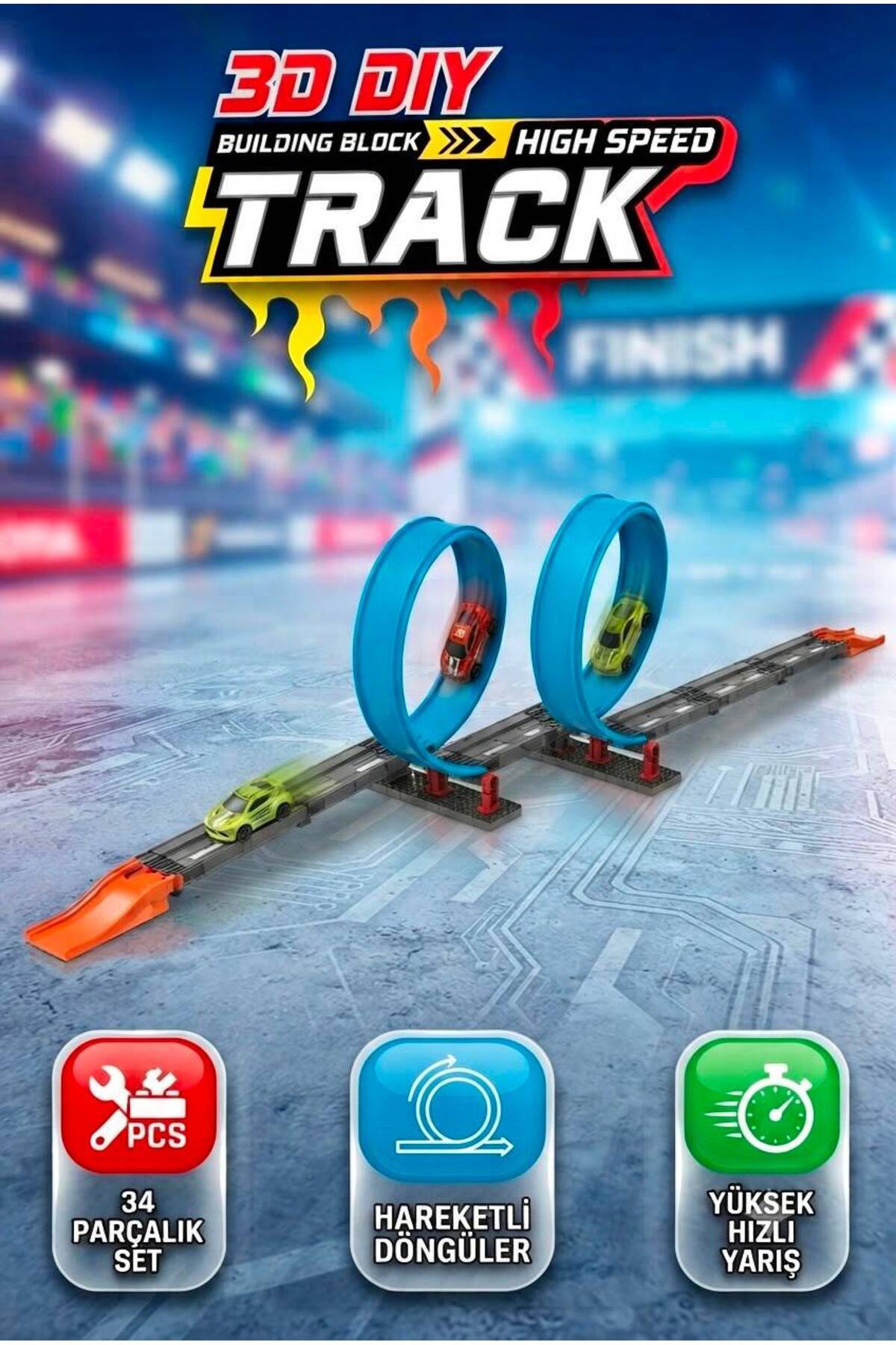 Tıfıl Toys 34 Parça Çek-Bırak Arabalı 234cm Yarış Pisti 360 Derece