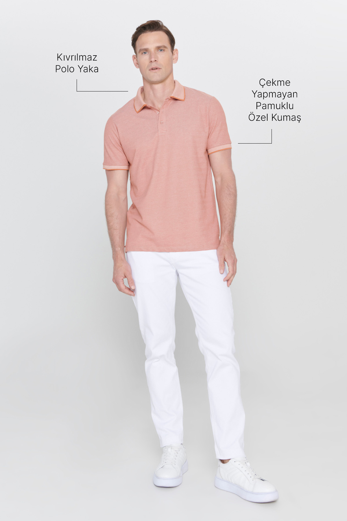 AC&Co / Altınyıldız Classics Erkek Çekmeyen Pamuklu Kumaş Slim Fit Dar Kesim Kiremit-Bej Kıvrılmaz Polo Yaka Tişört görsel 4