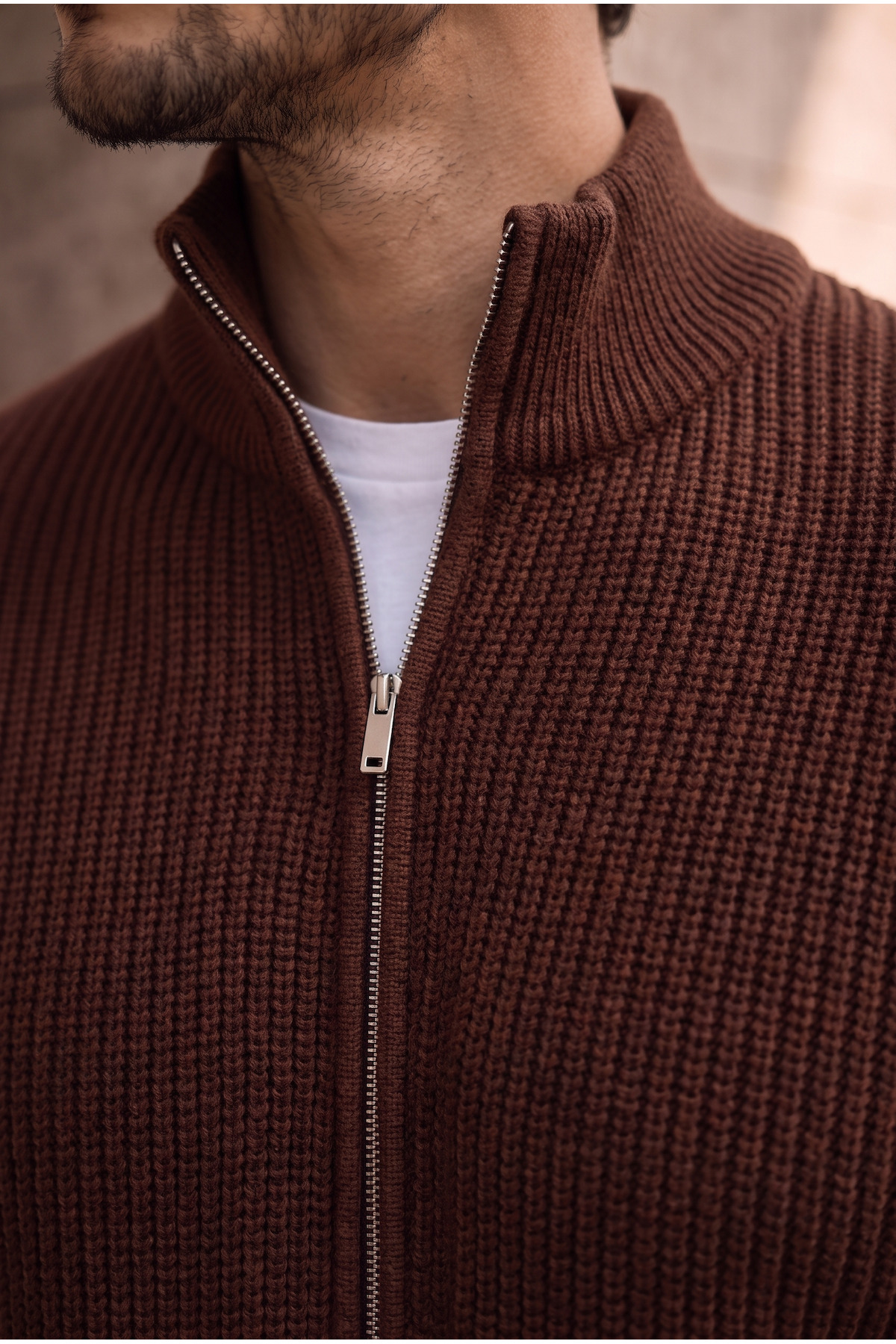 Woody Oversize Selanik Örme Fermuarlı Erkek Hırka- Kahve — قهوه‌ای DH10010 — تصویر 5 از 8