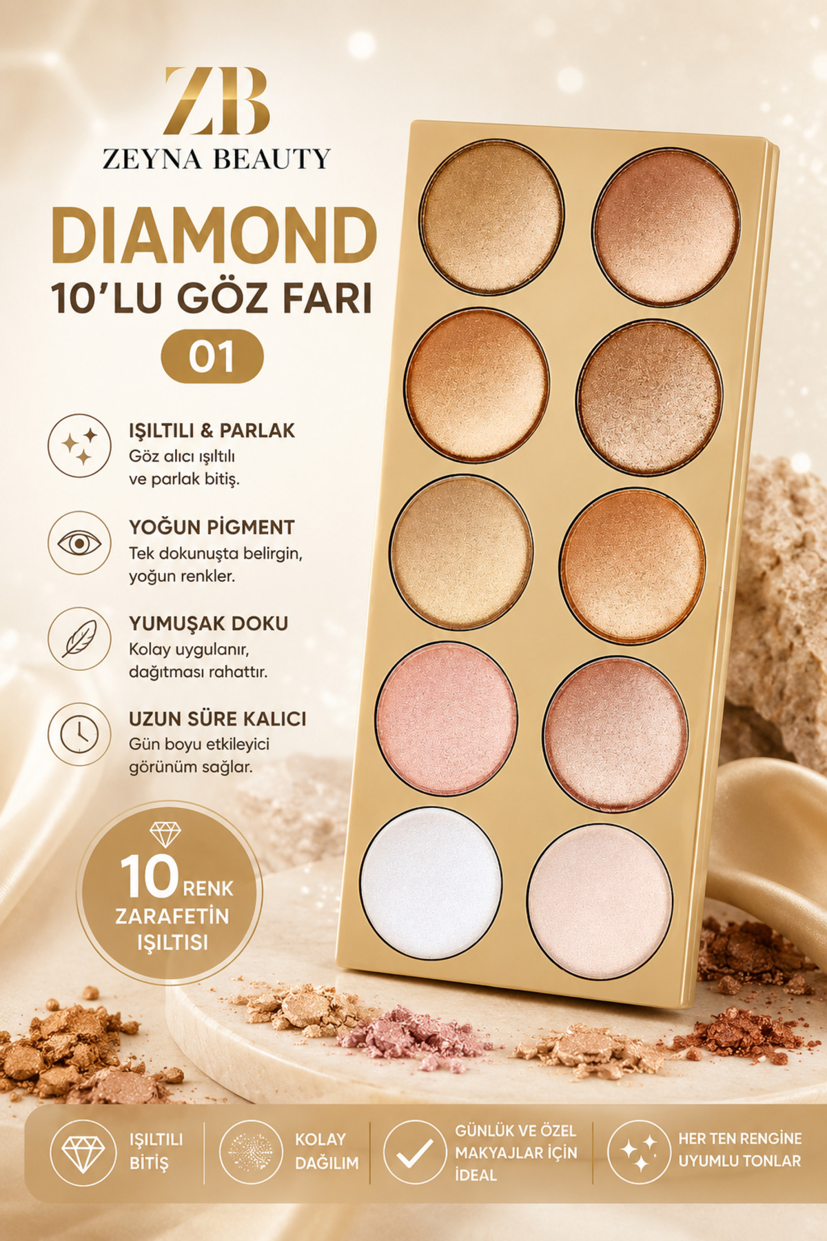 ZEYNABEAUTY Diamond 10'lu Göz Farı Paleti 01 – Işıltılı ve Yoğun Pigmentli 10 Renk — رنگارنگ dodo-01