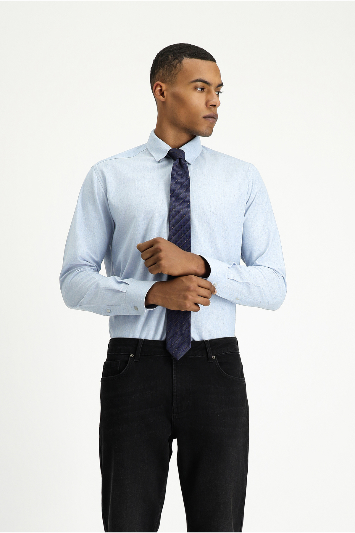 Uzun Kol Slim Fit Dar Kesim Oduncu Spor Pamuklu Düğmeli Yaka Gömlek — آبی KK254497DZ001 — تصویر 5 از 7