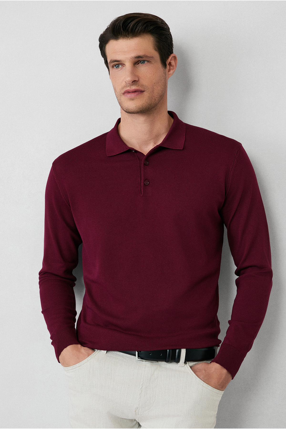 Kiğılı Regular Fit Düğmeli Polo Yaka Triko Kazak — زرشکی KKBSD178DZ001