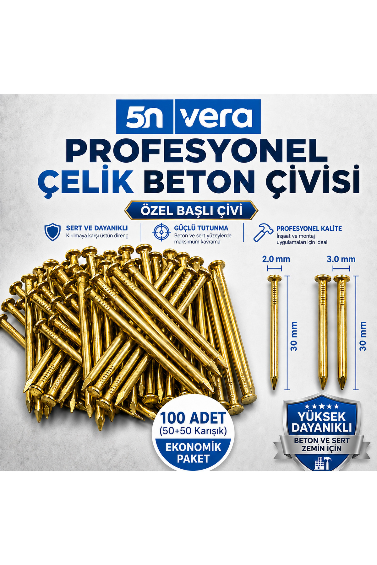 5N VERA 100'lü Beton Çivisi Ekonomik Seti | 2x30 mm + 3x30 mm Karışık Paket | Duvar ve Beton Uyumlu Çelik Çivi