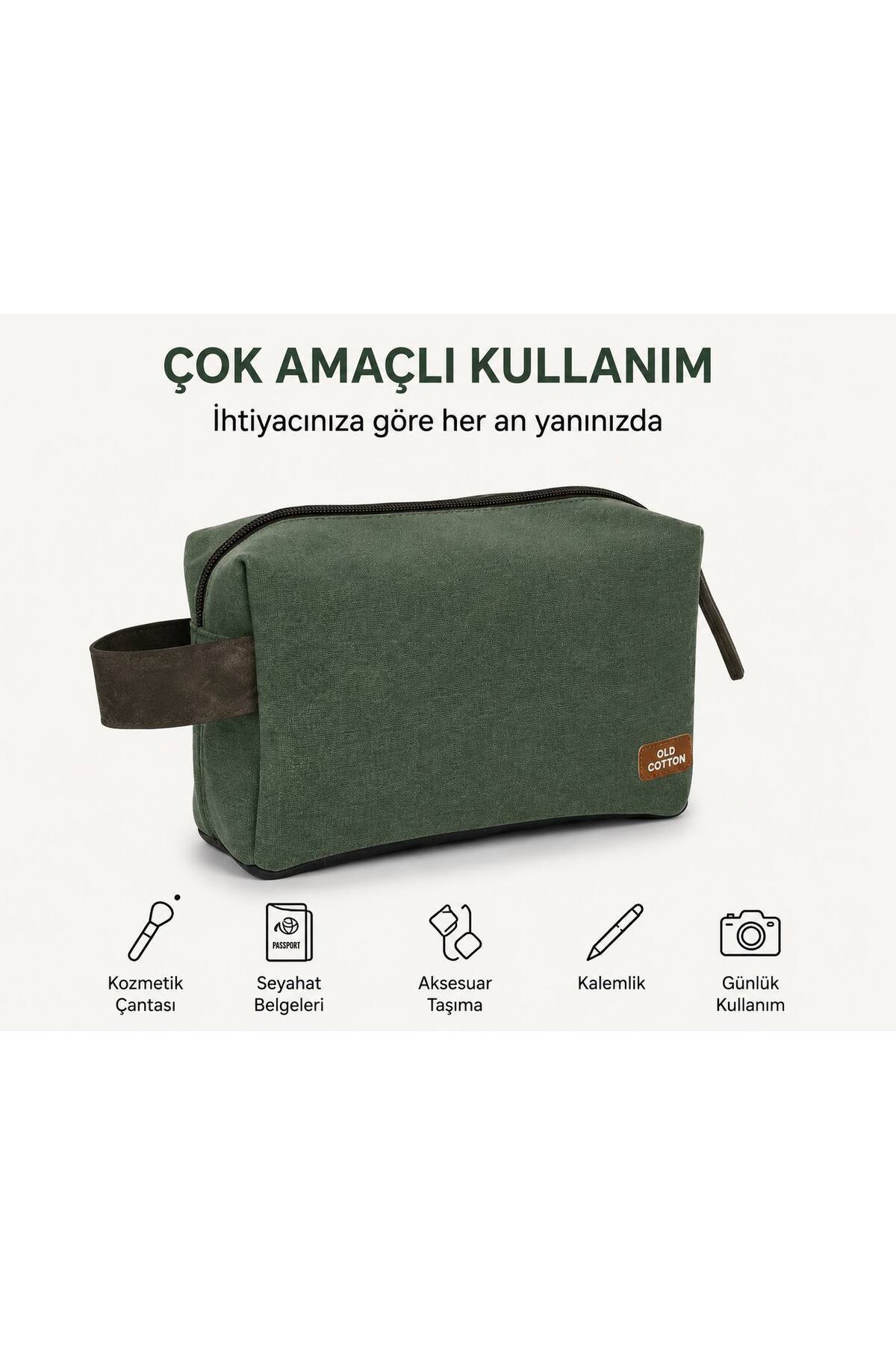 OLD COTTON BAGS Yeşil Kanvas Unisex El Çantası Fermuarlı Günlük Organizer Çanta 22x14x8 cm