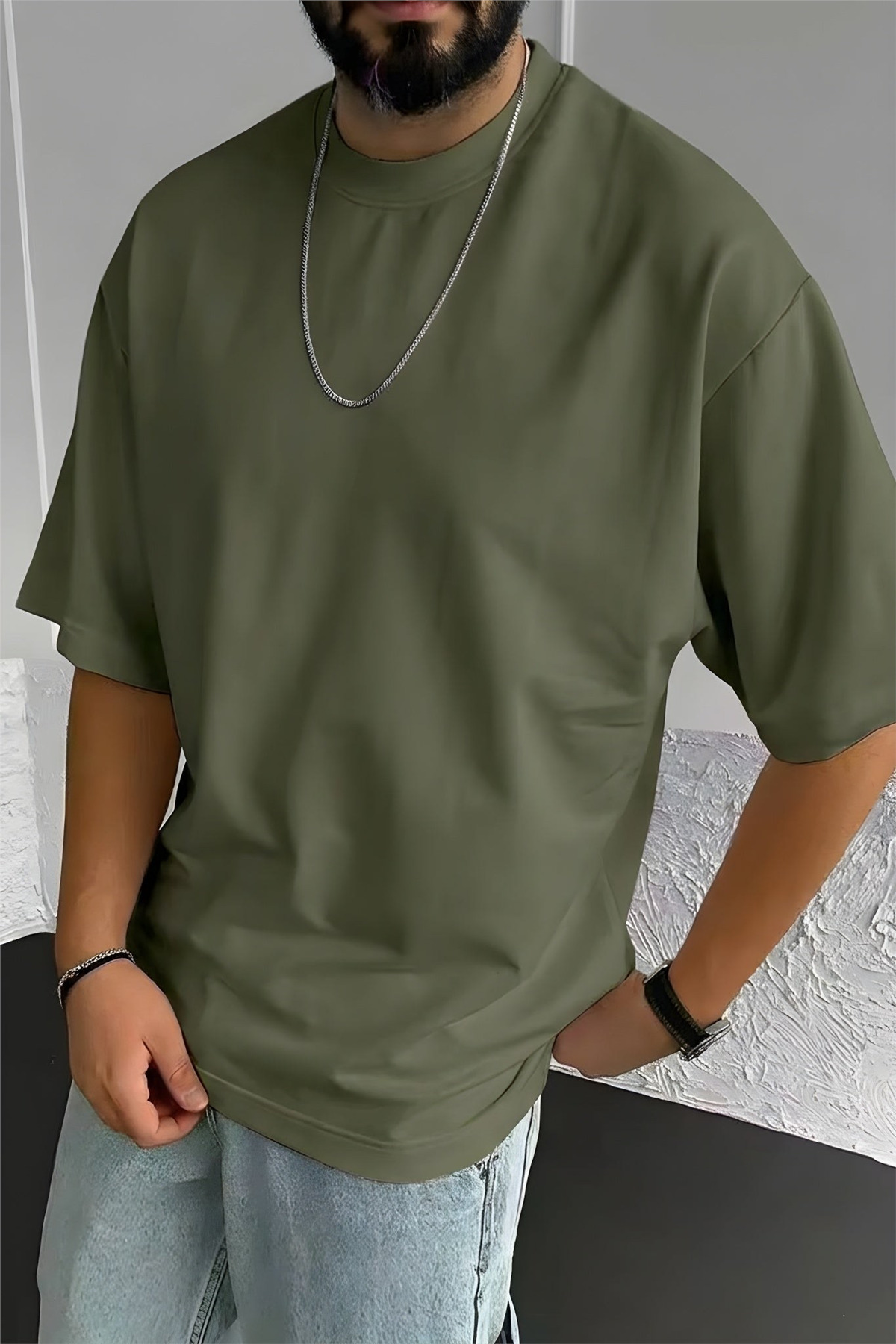 Teenage Millionaire Erkek Haki Yeşili Bisiklet Yaka Düz Basic Baskısız Oversize Salas T-Shirt görsel 2
