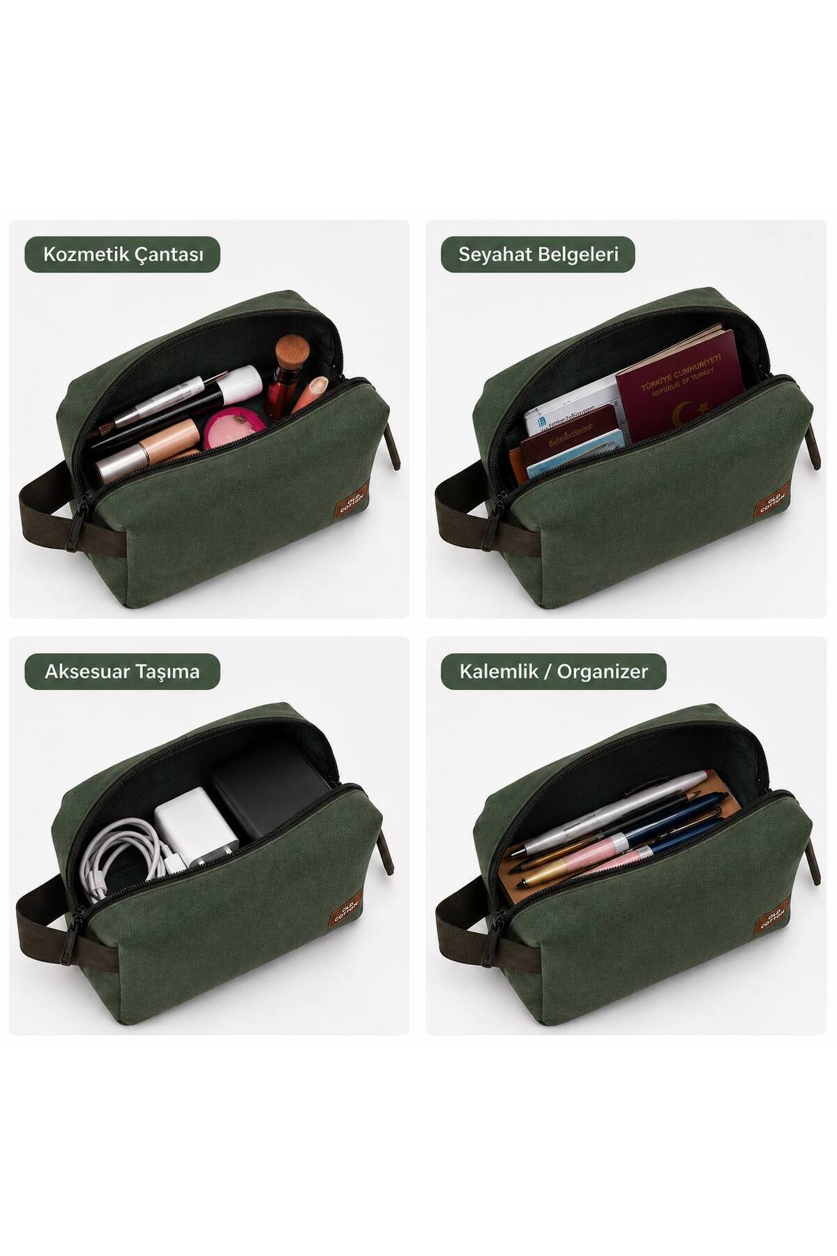 OLD COTTON BAGS Yeşil Kanvas Unisex El Çantası Fermuarlı Günlük Organizer Çanta 22x14x8 cm görsel 3