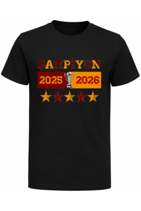 Efendioğlu Design Sarı kırmızı şampiyon 5 yıldız yazılı pamuklu yetişkin t-shirt