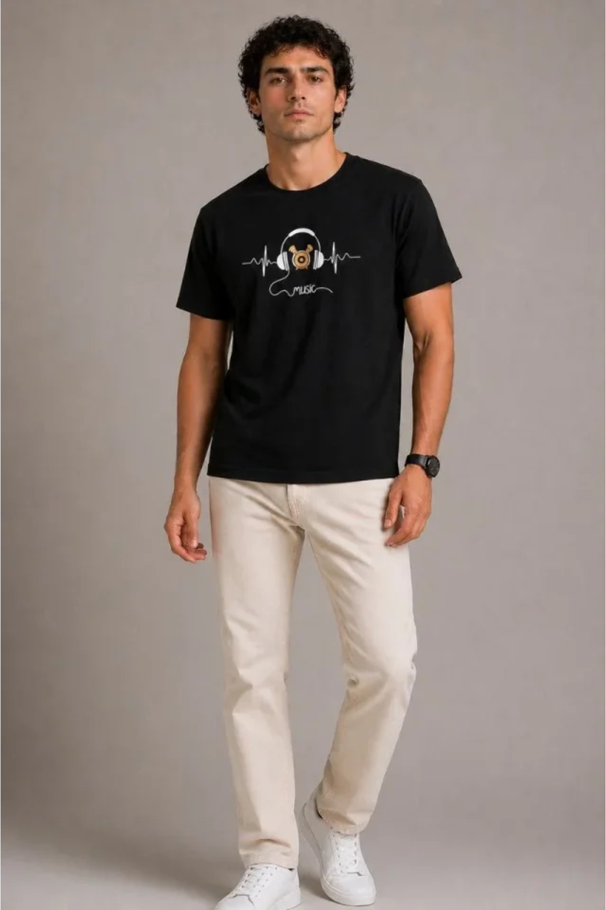 Erkek Müzik Temalı Baskılı Tişört Bisiklet Yaka Kısa Kol T-Shirt - Siyah alternatif görünüm