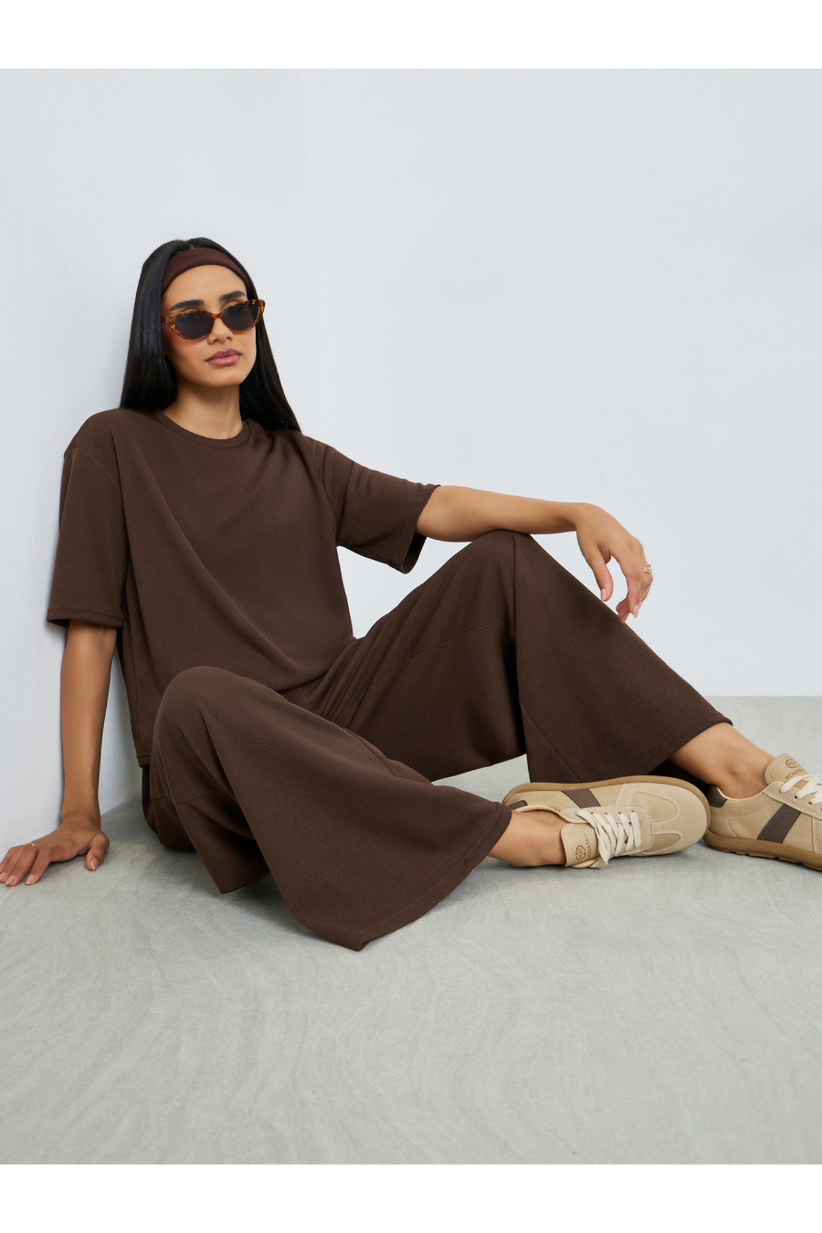 Styli Brown Ribbed T-Shirt and Wide Leg Joggers Co-Ords