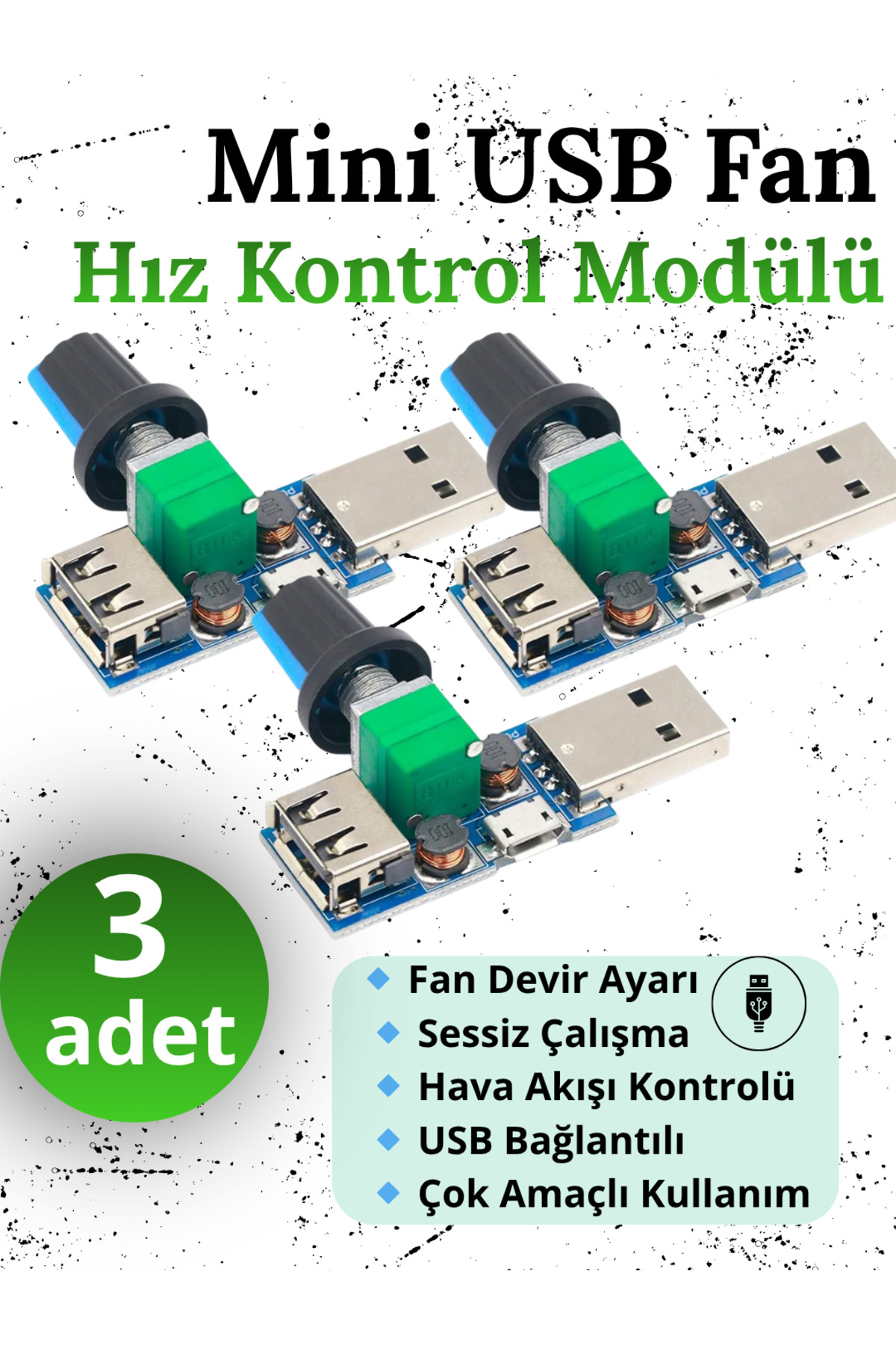 RoboPazar 3-adet Mini USB Fan Hız Kontrol Modülü / Fan Devir