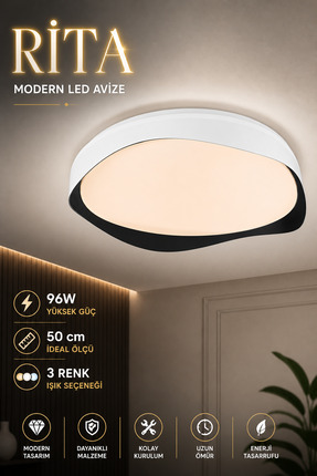 Elvora Home Modern (PREMİUM) LED Tavan Avize 50 cm 3 Renk Değişimli Şık Minim...