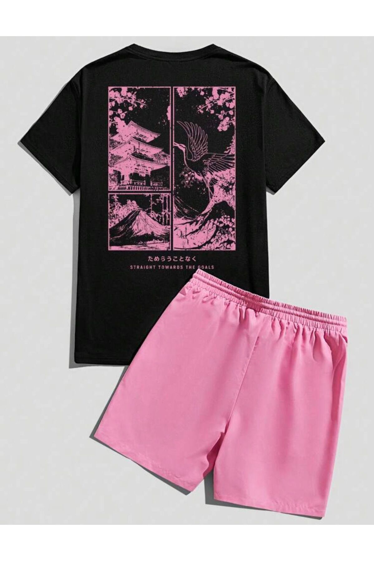 Straight Towards Print Detailed Black T-shirt Pink Shorts Bottom Top Set