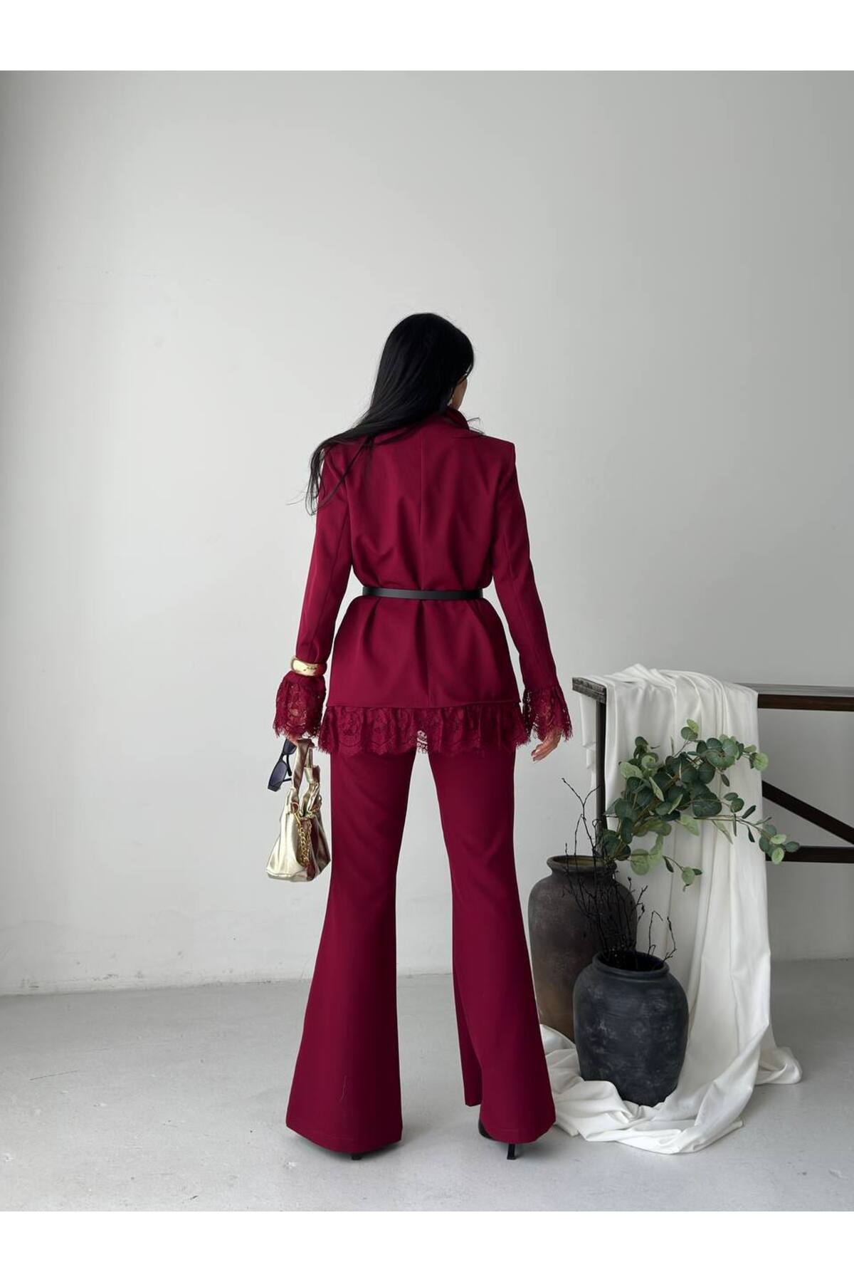 Premium Lace Detail Blazer Jacket Spanish Hem Trousers Set - Görsel 7