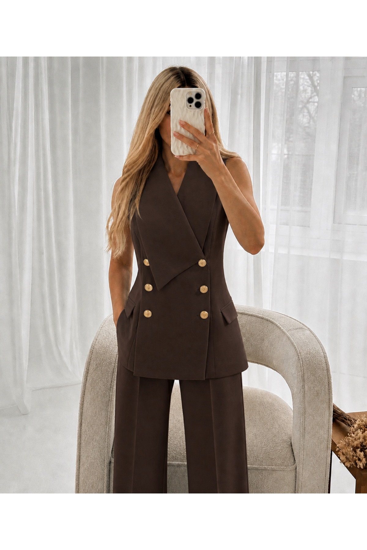 Wrap Collar Gold Buttoned Vest Pants Blazer Set