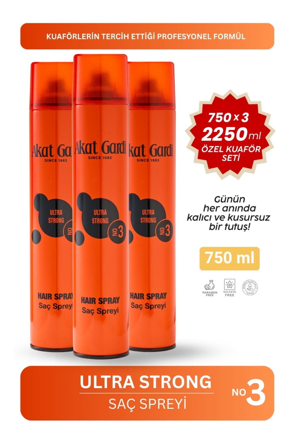 Akat Gardi Saç Spreyi Ultra Strong 750ml Dev Boy.3 Lü Özel Set — 3Lü750Turuncu