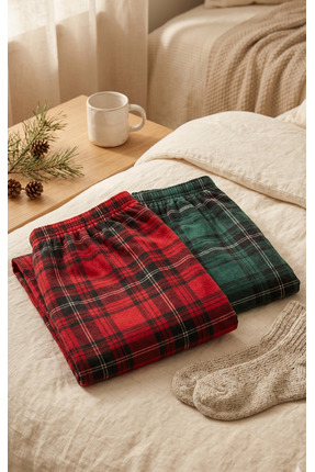 Pijahane Unisex Ekose Pijama Altı 2’li Fırsat Paketi – Kırmızı & Yeşil Desenl...