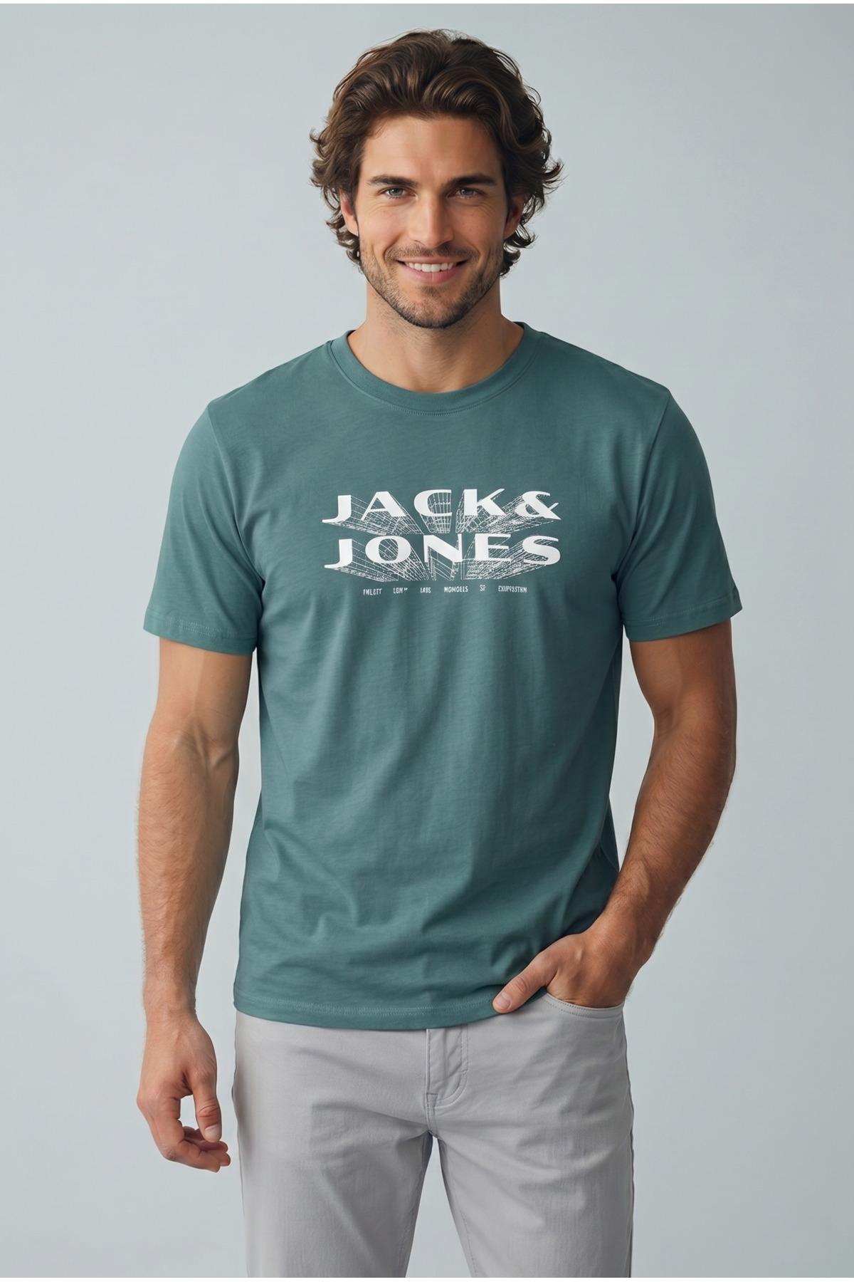 تی‌شرت مردانه Jcofusion مدل JJ Branding با طرح یقه گرد و لوگوی برند به رنگ سبز نفتی کد ۱۲۲۸۹۸۸۰ جک اند جونز تی شرت Jack & Jones