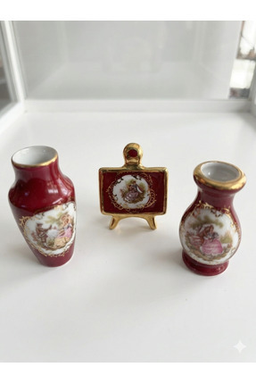 Vintage Limoges France Bordo Altın Varaklı Minyatür Set - 2 Adet Vazo ve Şöva...