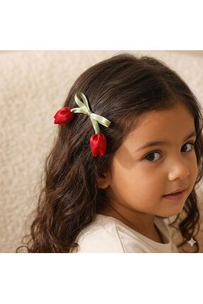 LittleBabyy Kırmızı Lale Figürlü Bebek & Çocuk Saç Tokası Seti – Yeşil Kurdel...