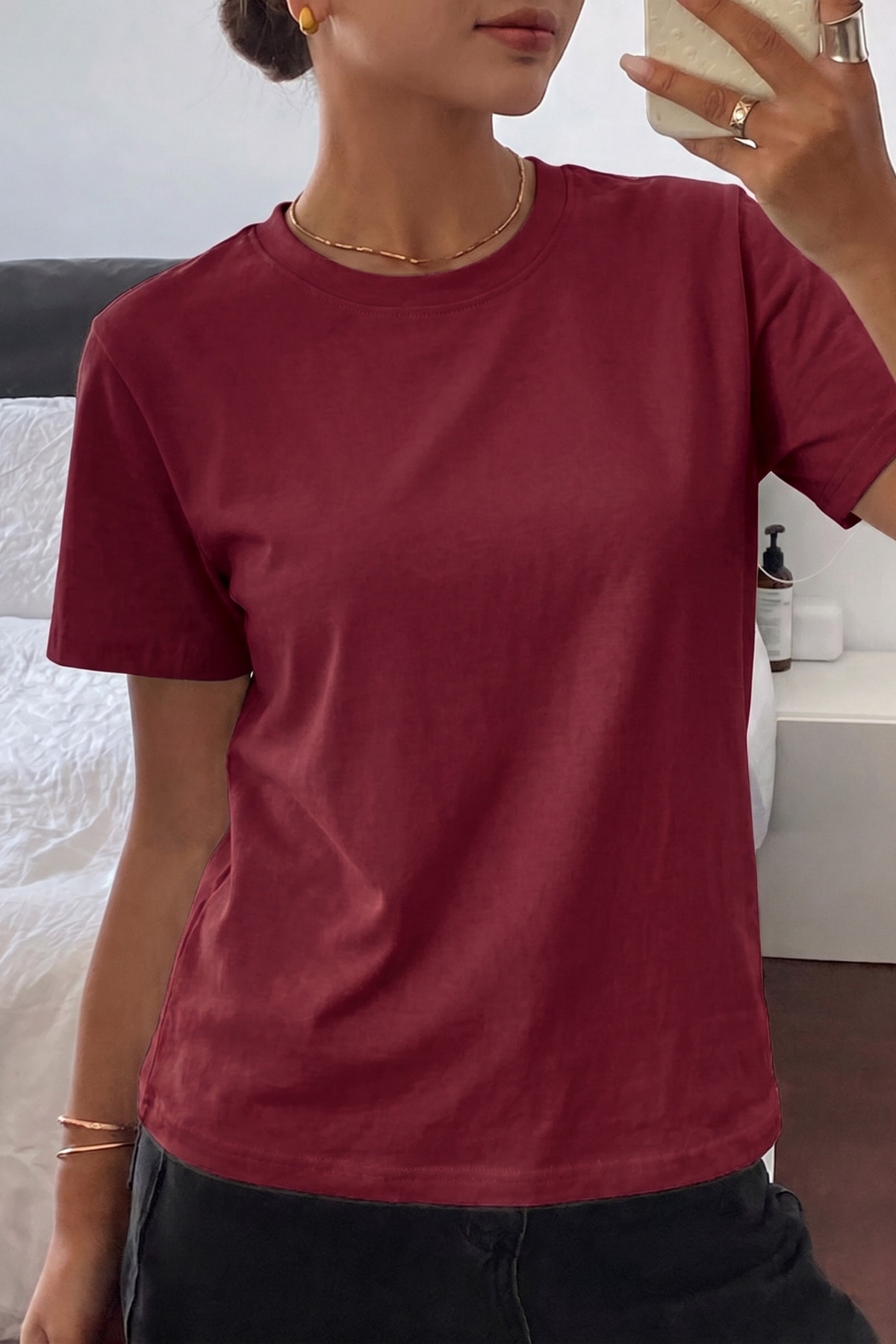 Women's T-Shirt Burgundy Crew Neck Basic T-Shirt 100% Cotton Comfortable Fit T-shirt