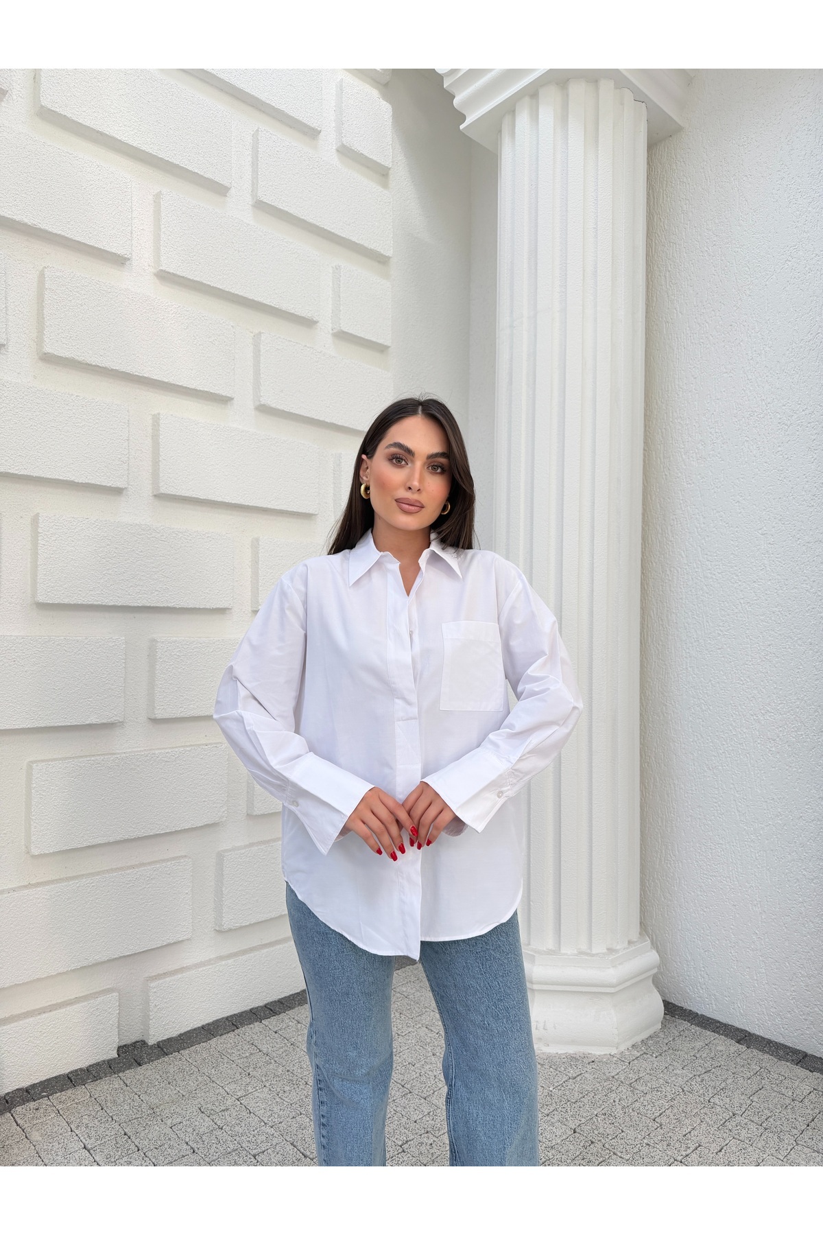 Myra Fashion Oversize Poplin Gömlek Tek Cepli Geniş Kesim Uzun Kol Bluz Kadın Trend Modern Stil Klasik Gömlek görsel 3
