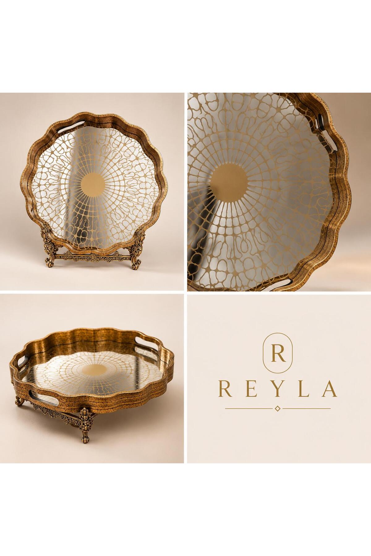 R-EYLA R'Eyla Lumira Decorative Presentation Tray 38 cm | Gold Detailed Premium Art Tray