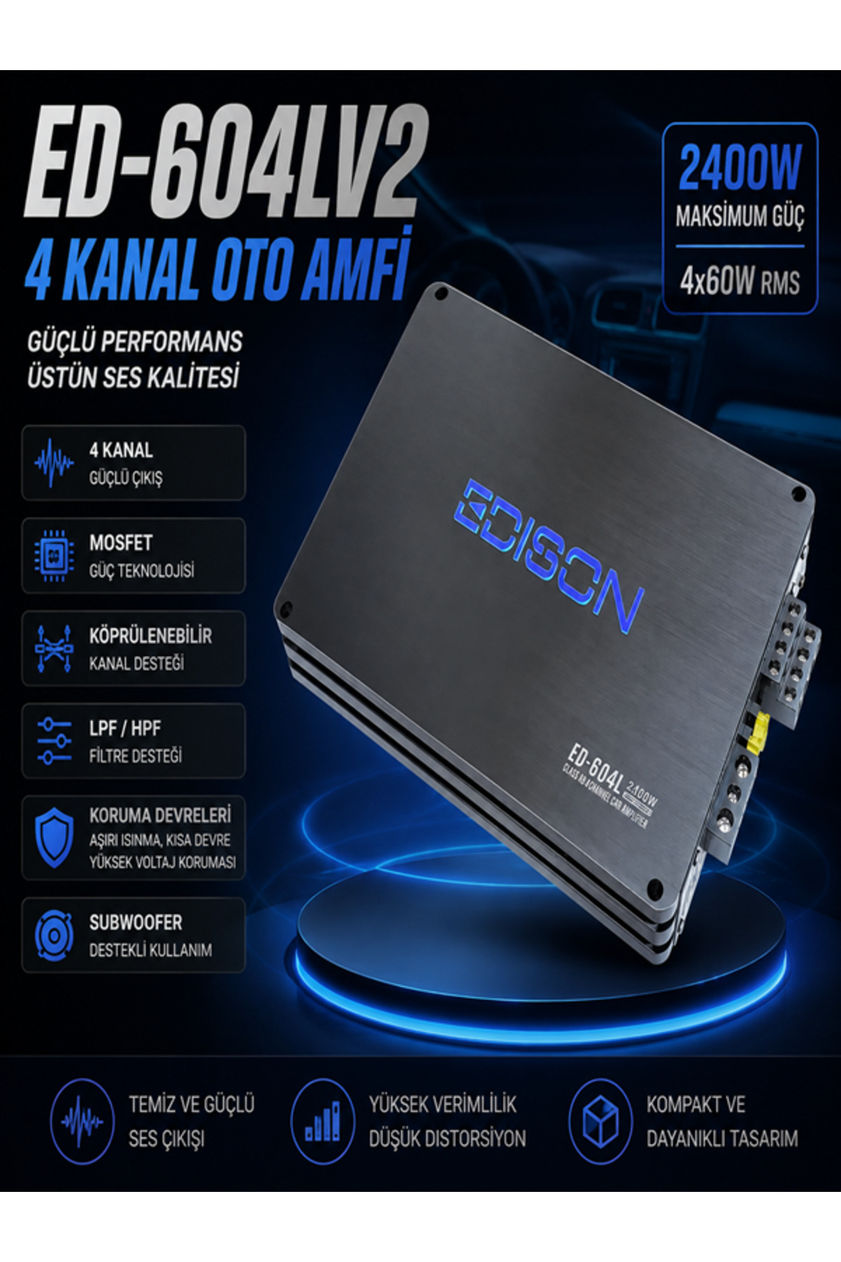Edison ED-604LV2 4 Kanal Oto Amfi Güçlü Bass Performanslı MOSFET