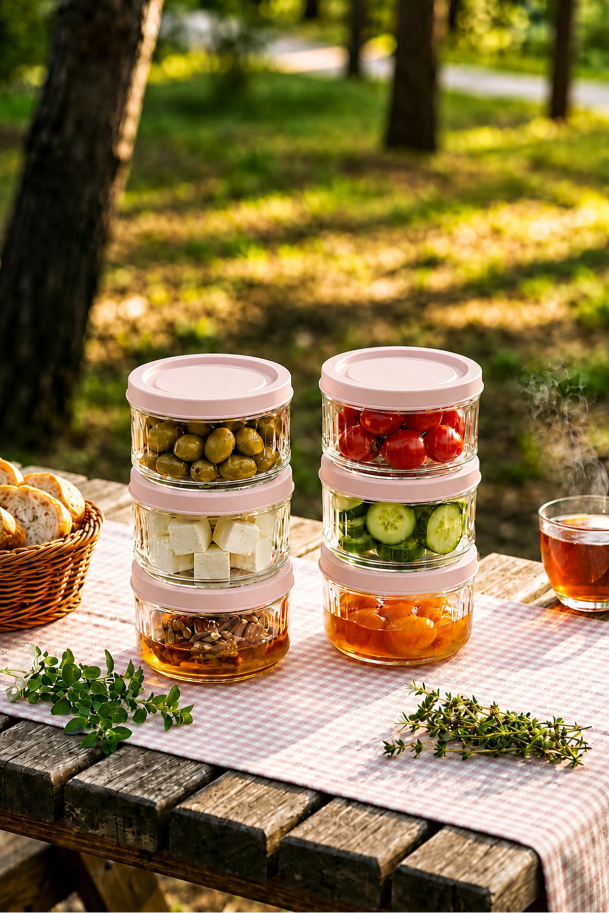 6-Piece Glass Breakfast Set Transparent Storage Container with Powder Color Lid Jar Set 425 cc