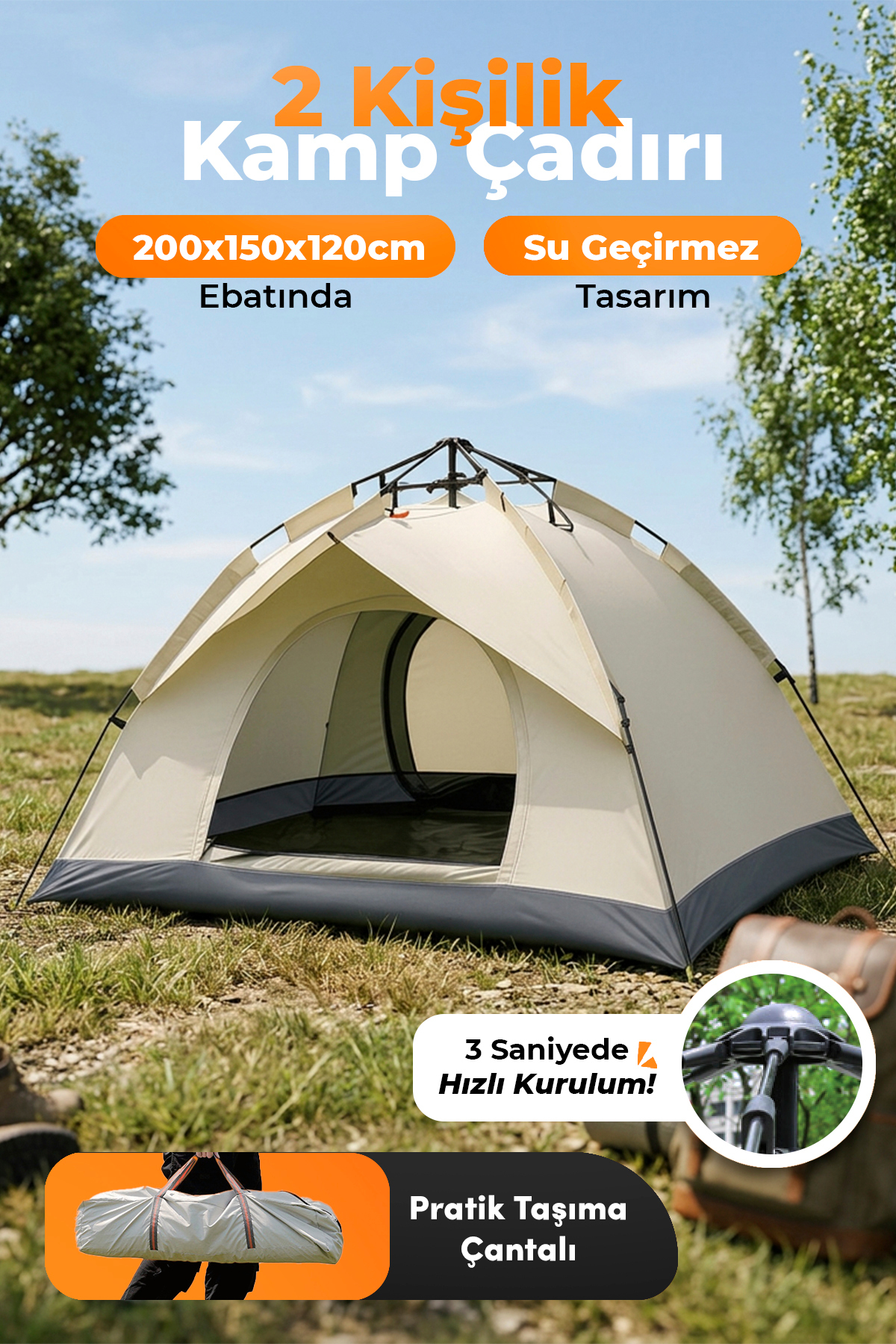 auhma Outdoor AC6634 Otomatik Kamp Çadırı Krem 200x150x120 cm Çift Katmanlı Su Geçirmez 3 Saniyede K
