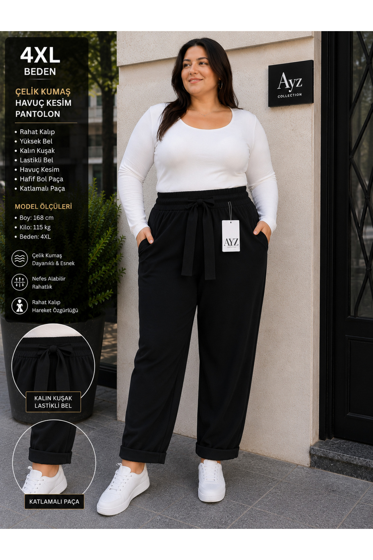 ayz collection Büyük Beden Havuç Çelik Kumaş Pantolon Katlamalı Paça ve Bağlamalı Model